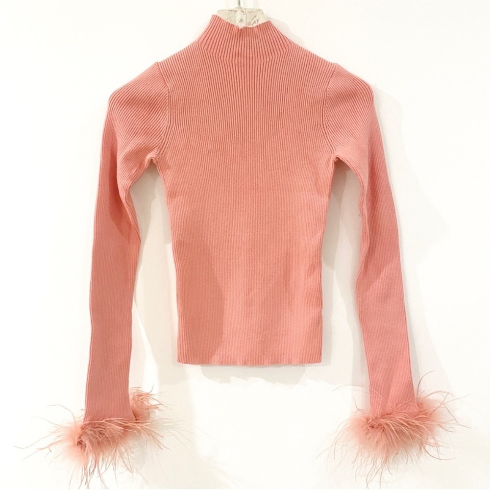 Torn by Ronny Kobo pink feather sleeve mock neck sweater NWT - Picture 4 of 9